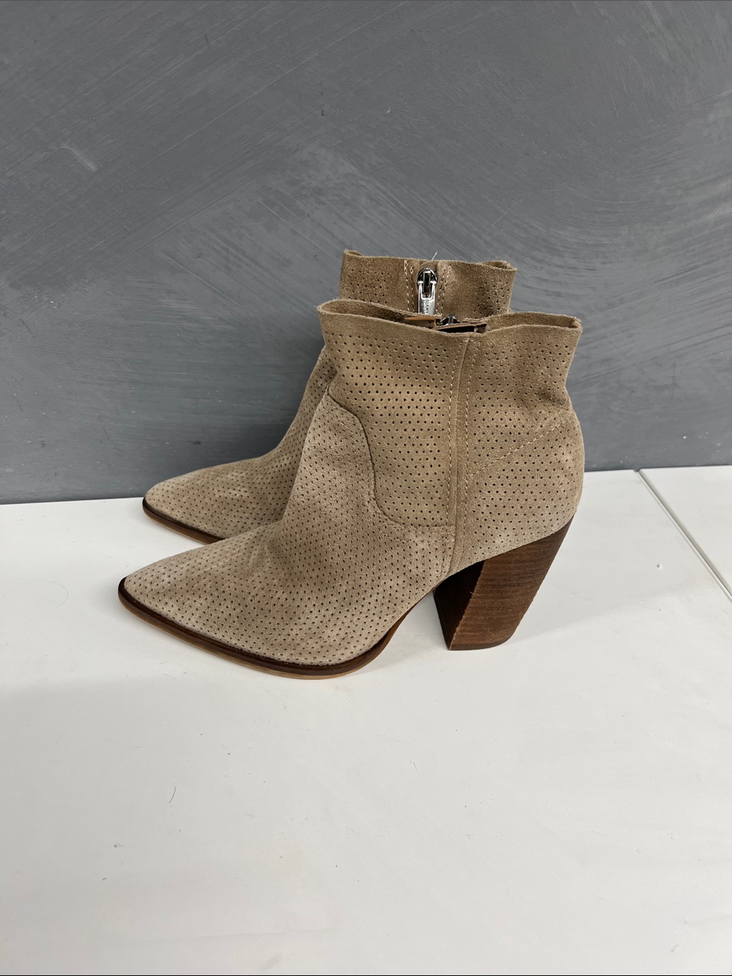 Vince Camuto Perforated Suede Ankle Booties In Taupe